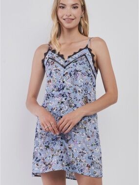 SUGAR + LIPS Lace Trim Blue Floral Cottagecore Mini Slip Dress Size XS